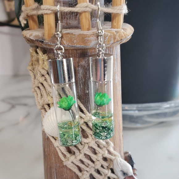 Green Wish Flowers Glass Bottle Dangle Earrings - Picture 11 of 12